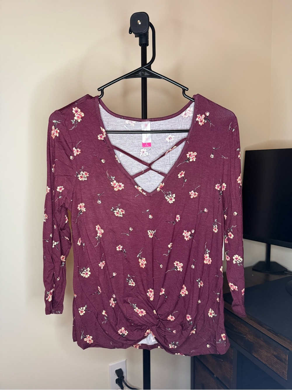 No Boundaries Burgundy Floral Crisscross Tie-Front Long Sleeve Top